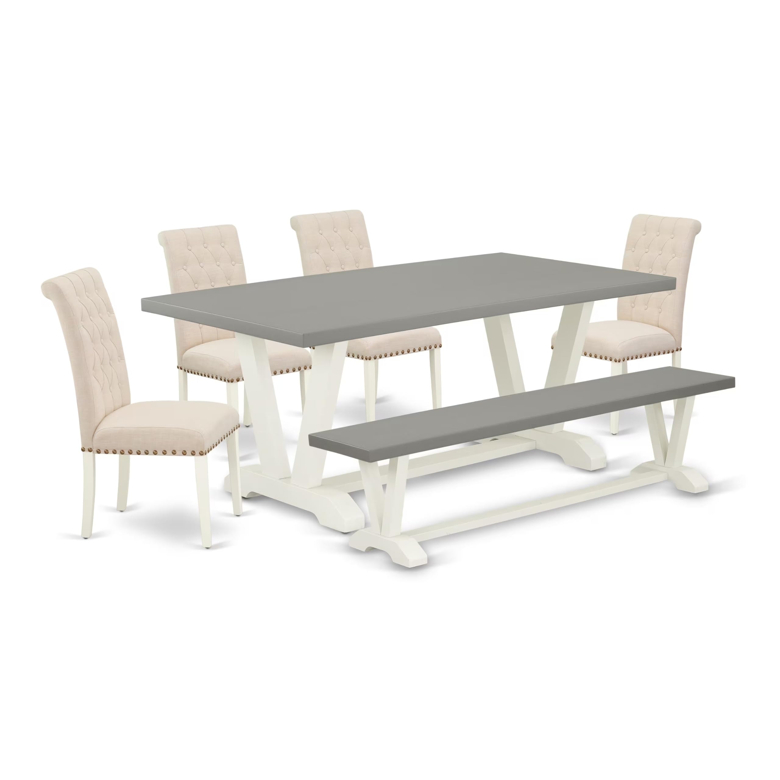 East West Furniture V-Style 6 Piece Dining Set Contains A Rectangle Kitchen Table With V-Legs And 4 Light Beige Linen Fabric Parson Chairs With A Bench, 40X72 Inch, V097Br202-6